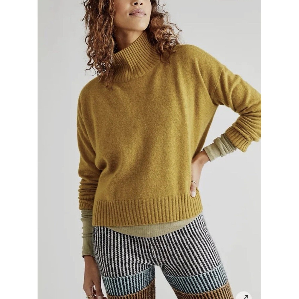 Free People Poppy Cashmere Turtleneck Sweater Gold Spring Moss L Oversized